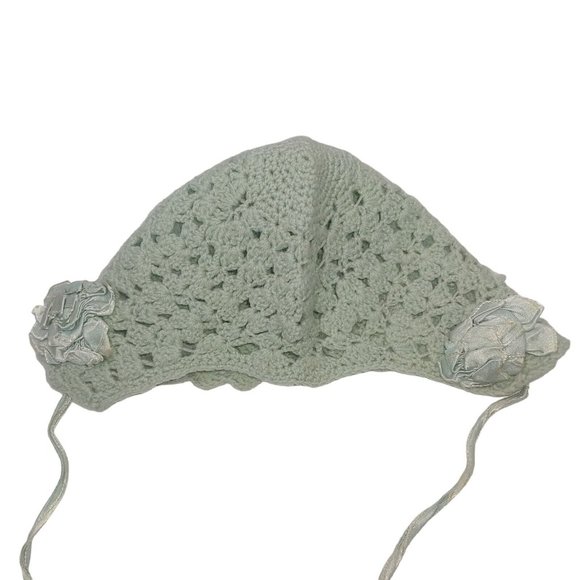 Antique Handknit Baby Hat Blue Satin Ribbon Bows Tie Newborn Small Scalloped - Picture 5 of 10